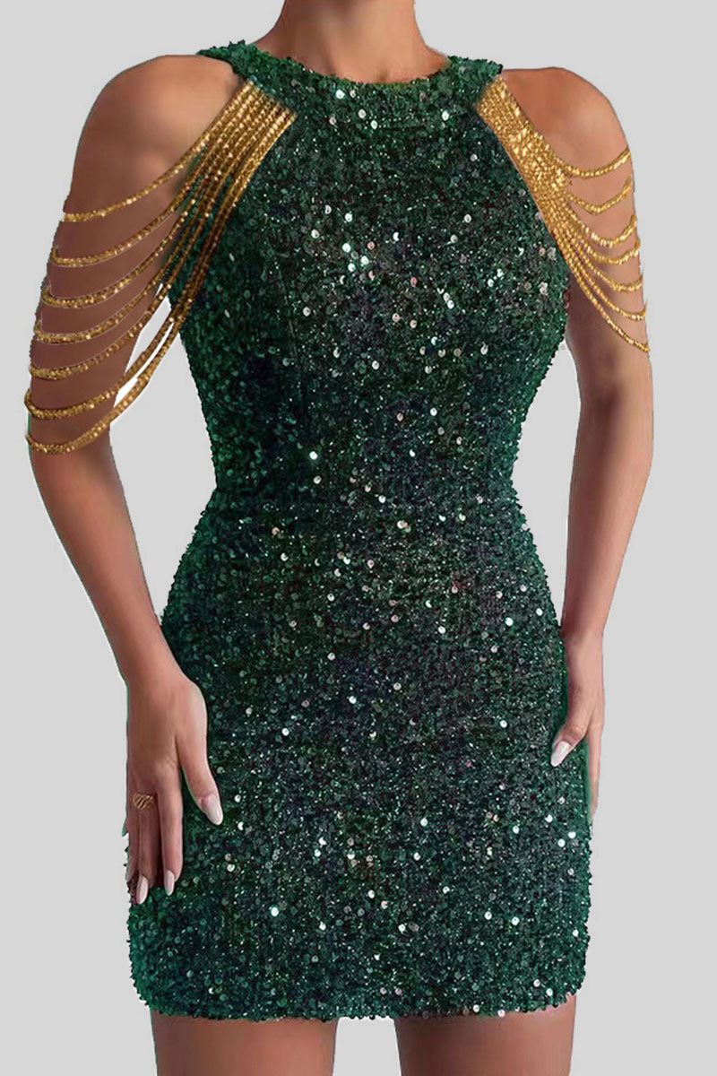 Sexy Elegant Solid Sequins Patchwork Chains O Neck Pencil Skirt Dresses(3 Colors)