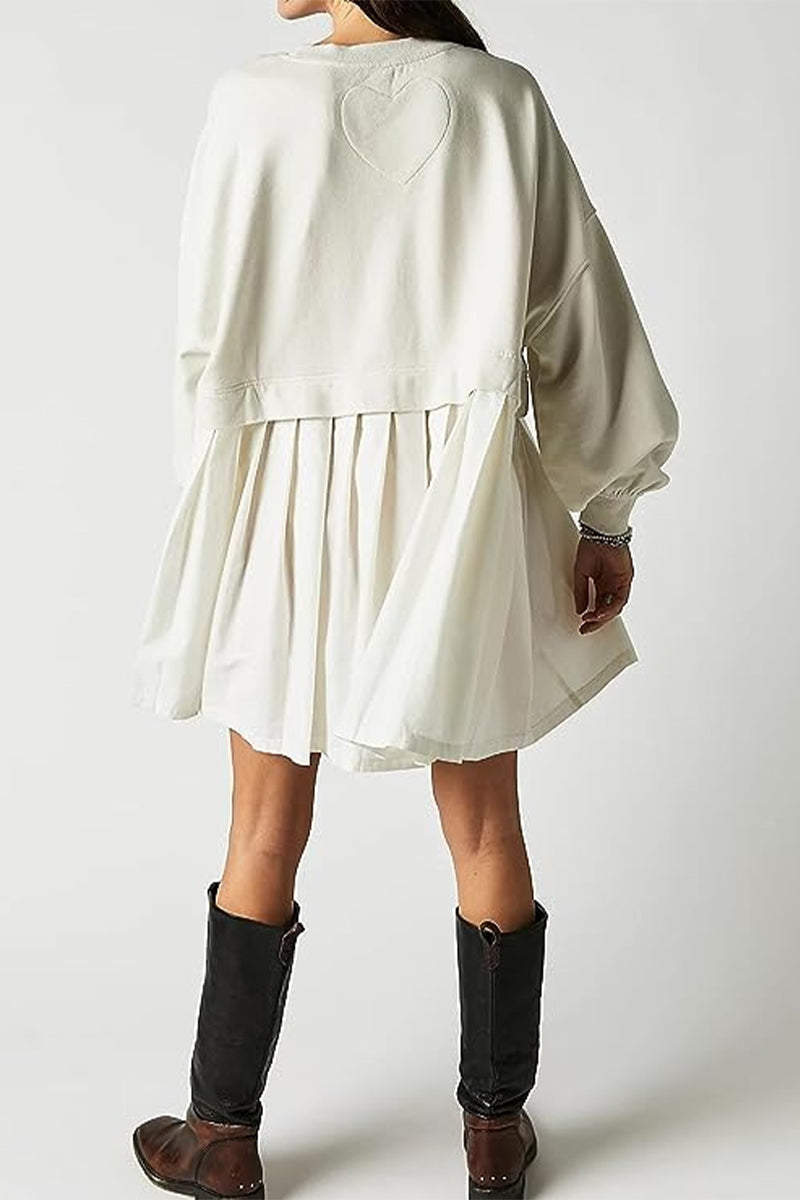 Casual Solid Patchwork Contrast O Neck Pleated Dresses