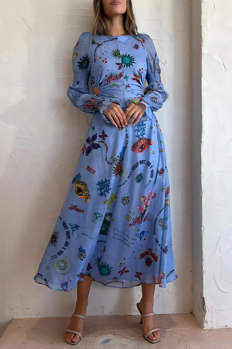 Casual Print Hollowed Out Frenulum O Neck Princess Dresses