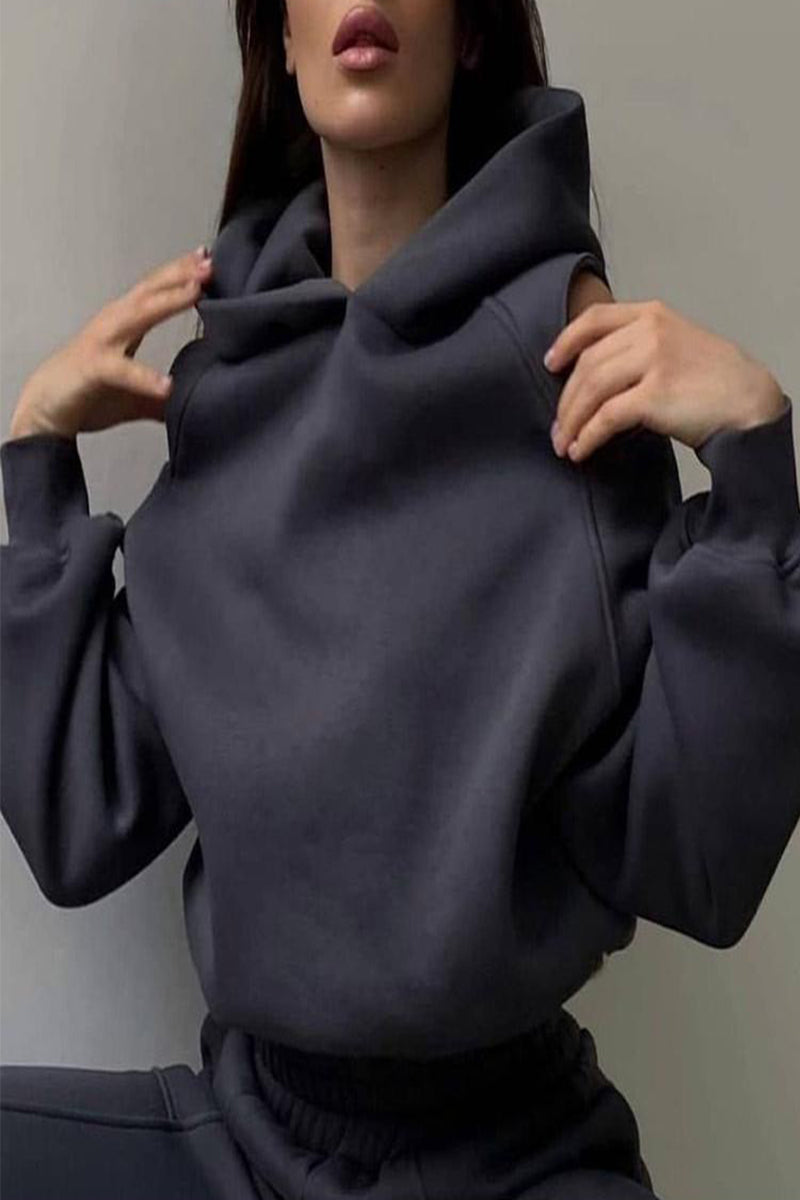 Casual Simplicity Solid Patchwork Hooded Collar Long Sleeve Two Pieces(4 Colors)