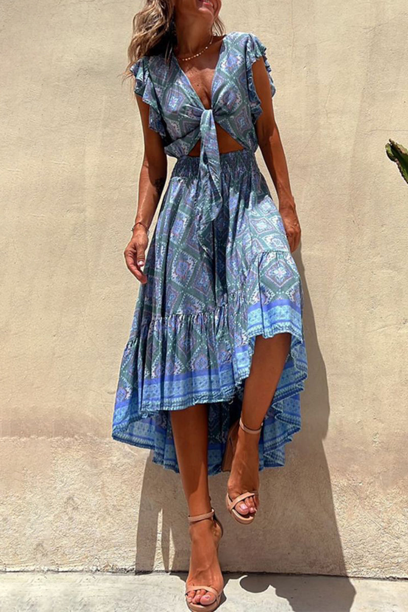 Sexy Vacation Floral Bandage V Neck Printed Dress Dresses