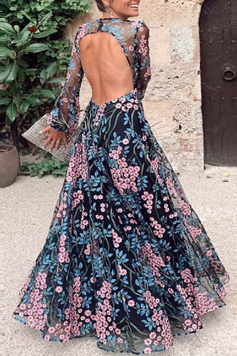 Elegant Floral Patchwork O Neck Printed Dress Dresses