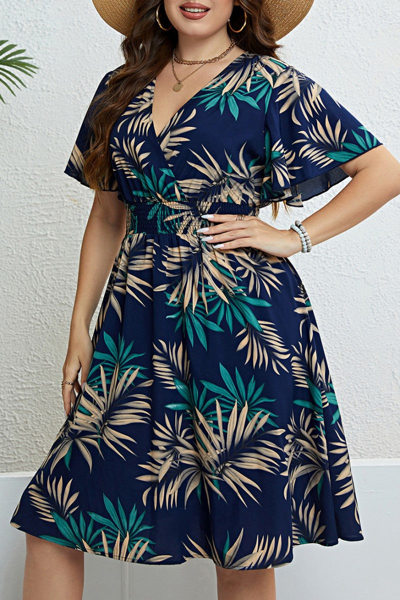 Casual Print Patchwork V Neck Short Sleeve Dress Plus Size Dresses