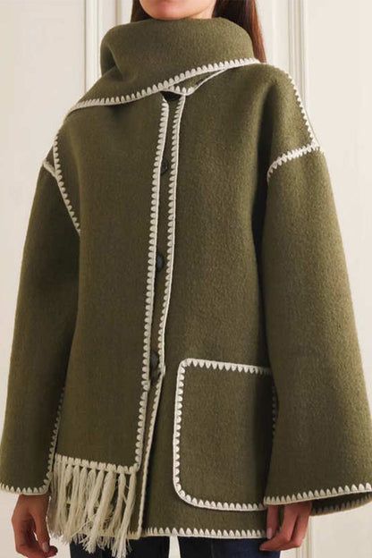 Casual British Style Solid Tassel Contrast Scarf Collar Outerwear(5 Colors)