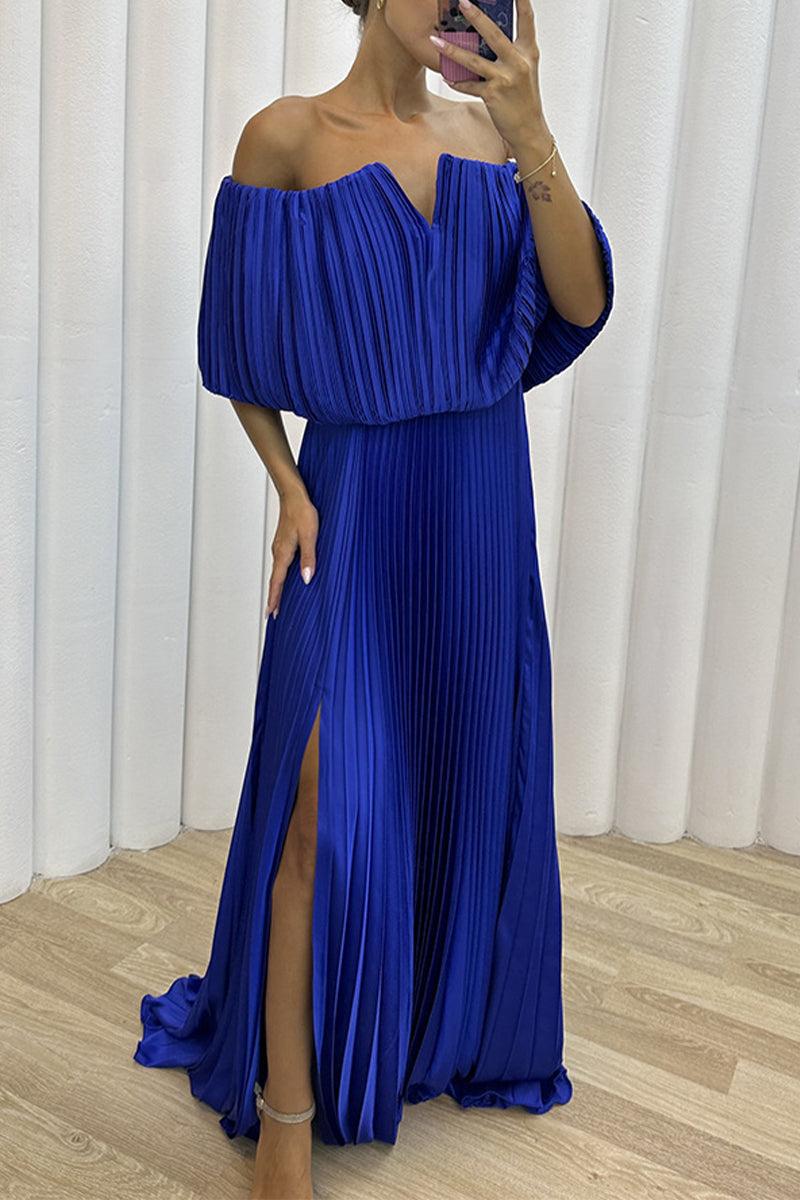 Sexy Formal Solid Slit Fold Off the Shoulder Evening Dress Dresses