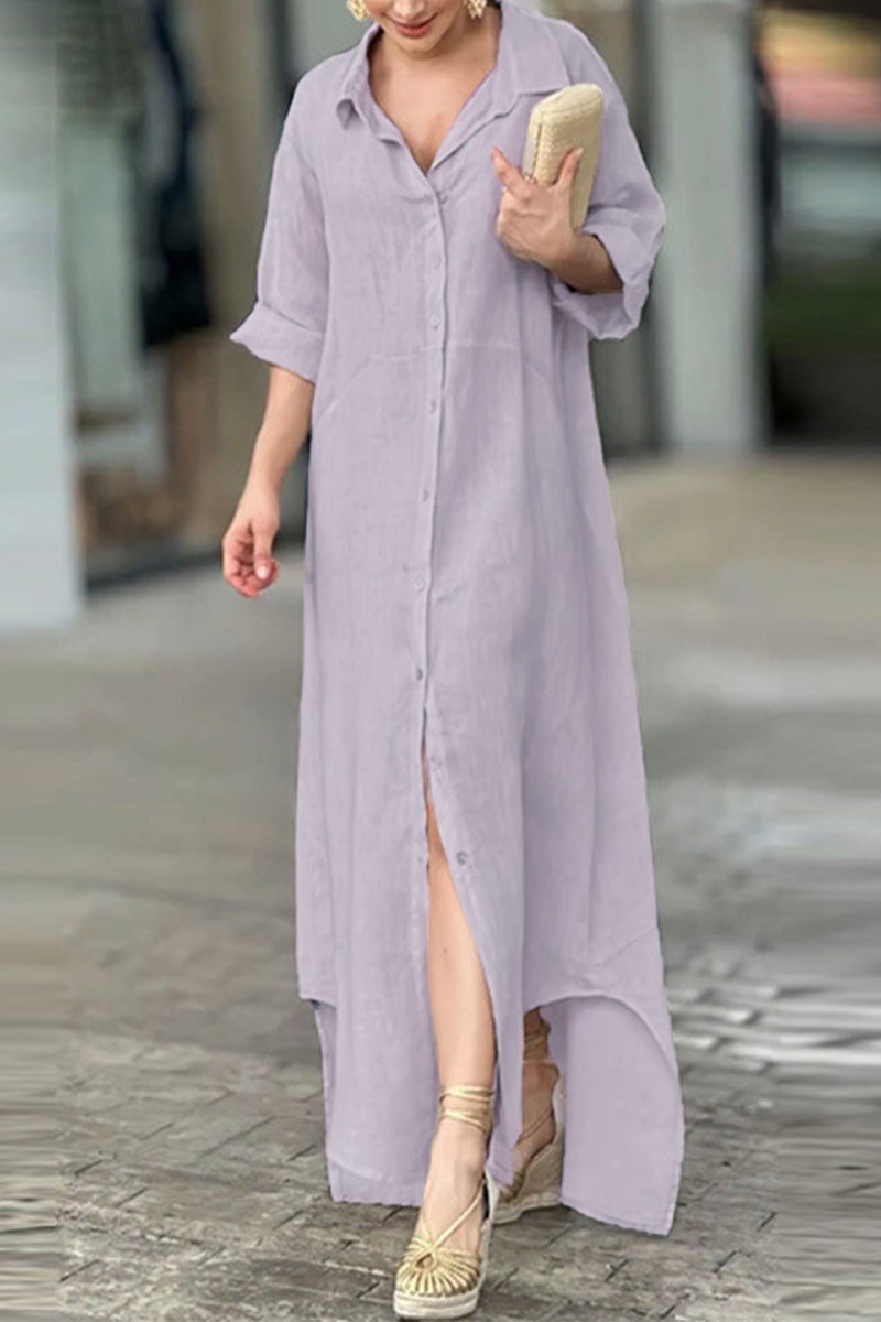 Casual Solid Buttons Turndown Collar Shirt Dress Dresses