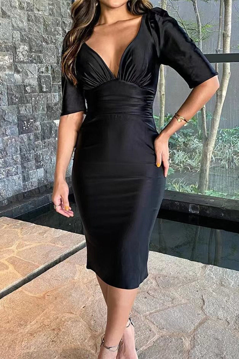 Sexy Solid Fold V Neck Wrapped Skirt Dresses