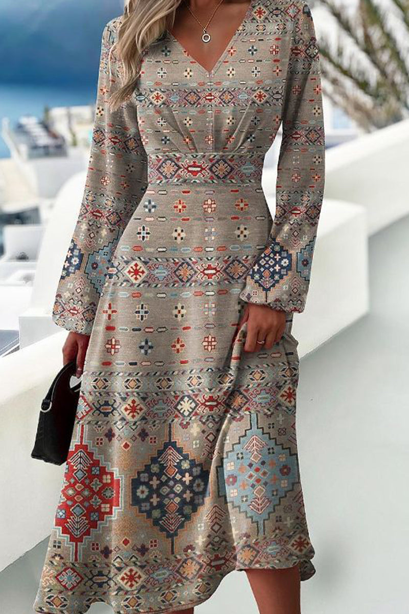 Vintage Elegant Print Patchwork V Neck A Line Dresses