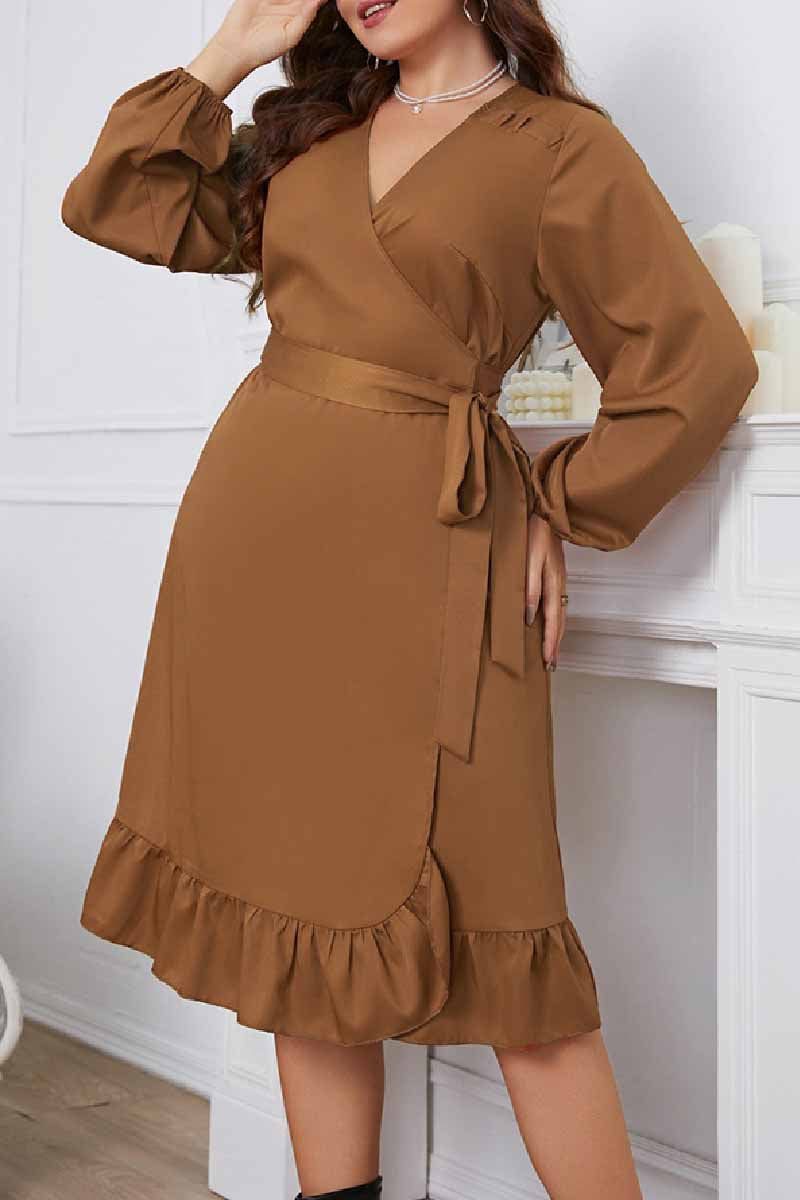 Casual Solid Frenulum V Neck Long Sleeve Plus Size Dresses