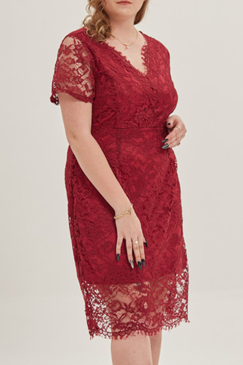 Sexy Solid Lace V Neck Lace Dress Plus Size Dresses