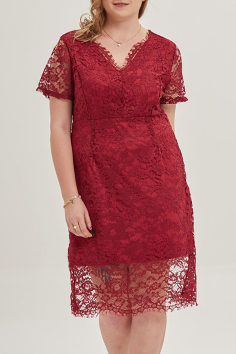 Sexy Solid Lace V Neck Lace Dress Plus Size Dresses