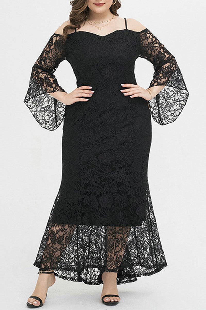 Celebrities Elegant Solid Lace Off the Shoulder Irregular Dress Plus Size Dresses