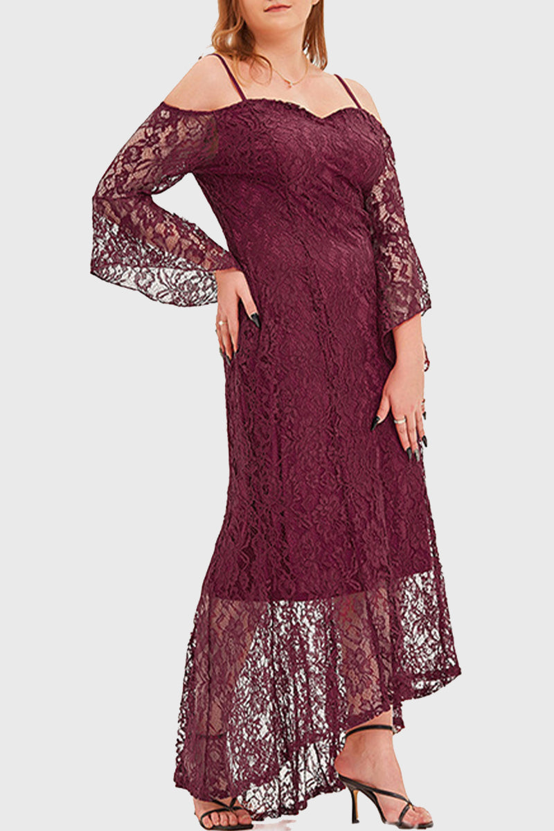 Celebrities Elegant Solid Lace Off the Shoulder Irregular Dress Plus Size Dresses