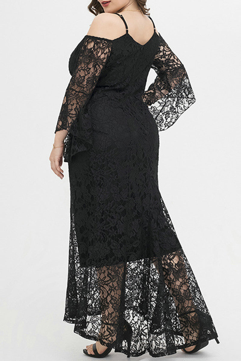 Celebrities Elegant Solid Lace Off the Shoulder Irregular Dress Plus Size Dresses