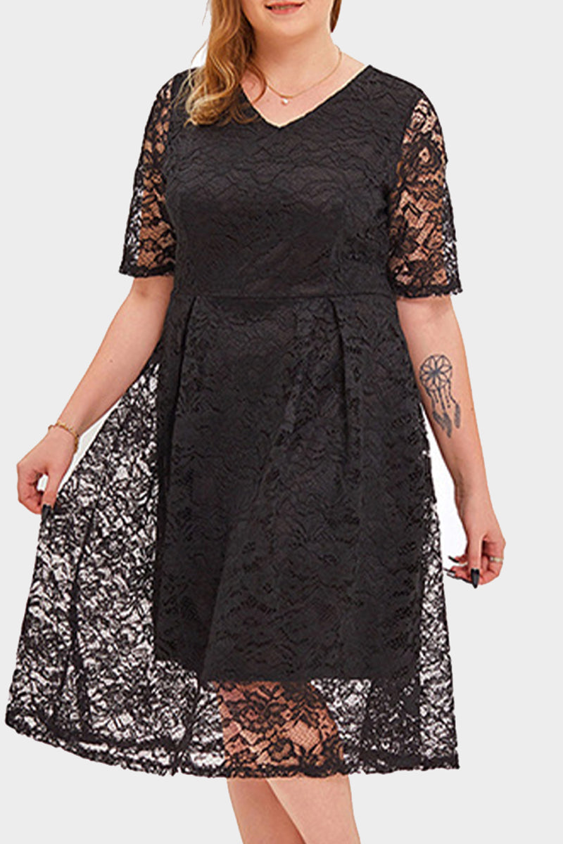 Elegant Solid Lace V Neck A Line Plus Size Dresses