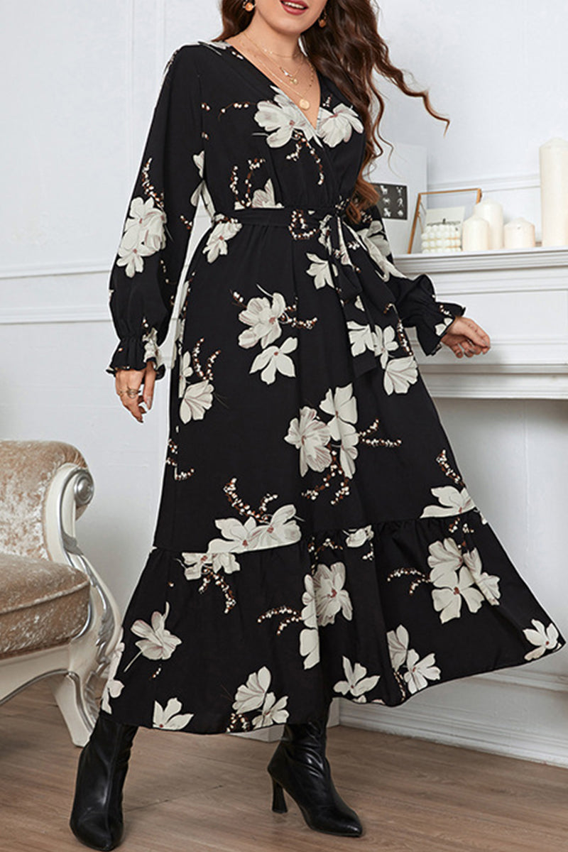 Elegant Floral Bandage V Neck A Line Plus Size Dresses