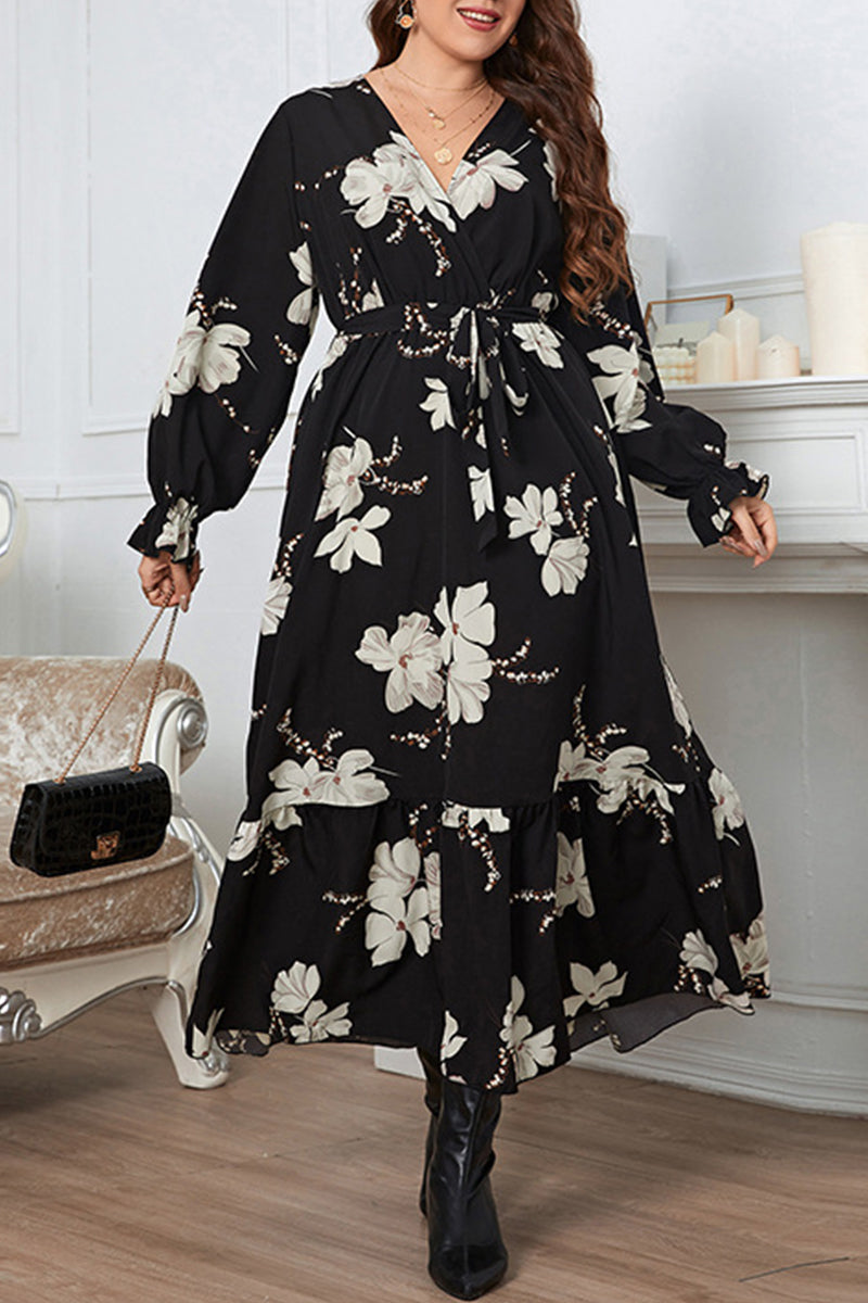 Elegant Floral Bandage V Neck A Line Plus Size Dresses