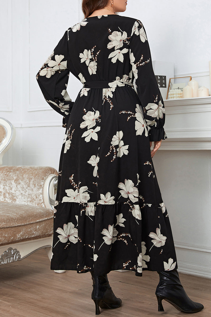 Elegant Floral Bandage V Neck A Line Plus Size Dresses