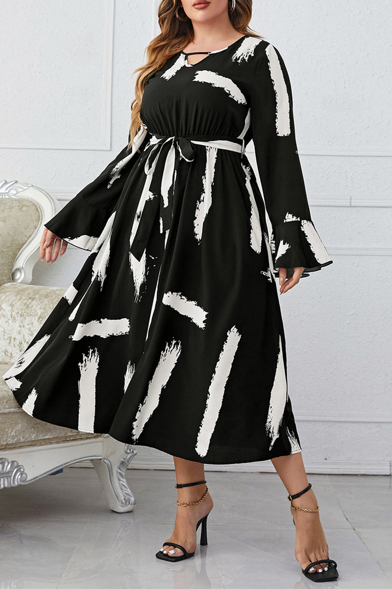 Elegant Geometric Bandage Printing V Neck A Line Plus Size Dresses