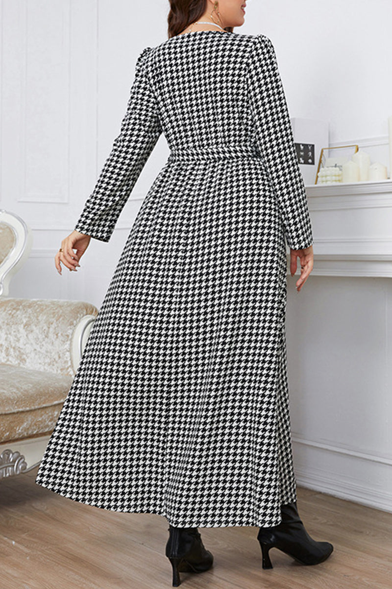 Elegant Plaid With Belt O Neck A Line Plus Size Dresses