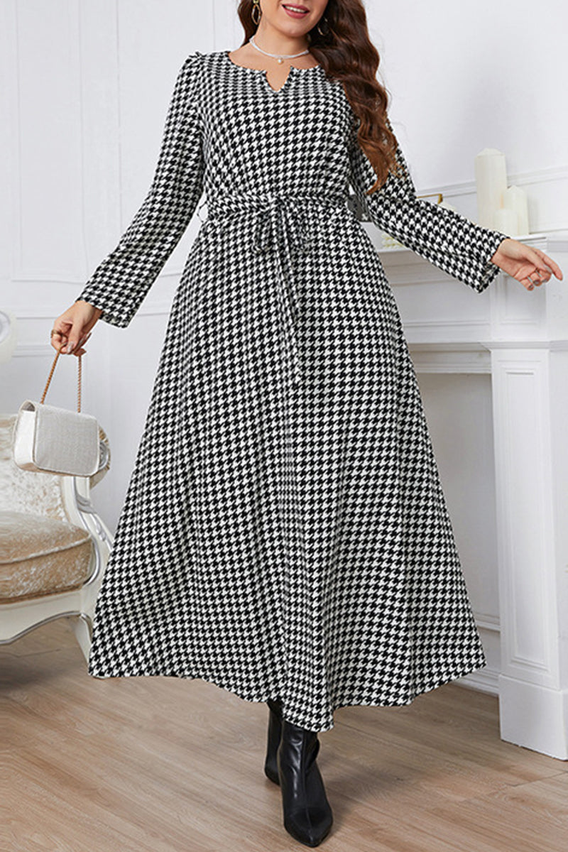 Elegant Plaid With Belt O Neck A Line Plus Size Dresses