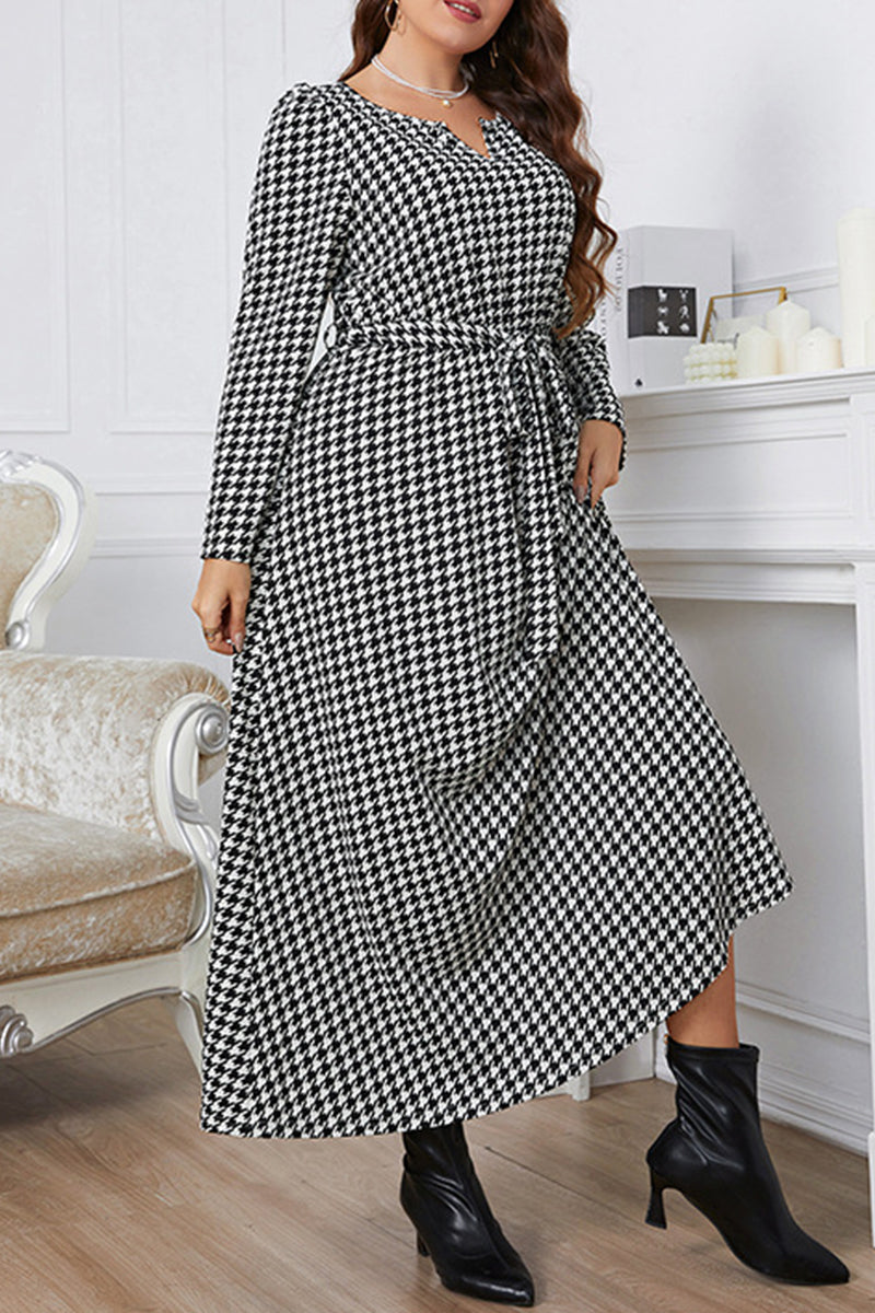 Elegant Plaid With Belt O Neck A Line Plus Size Dresses