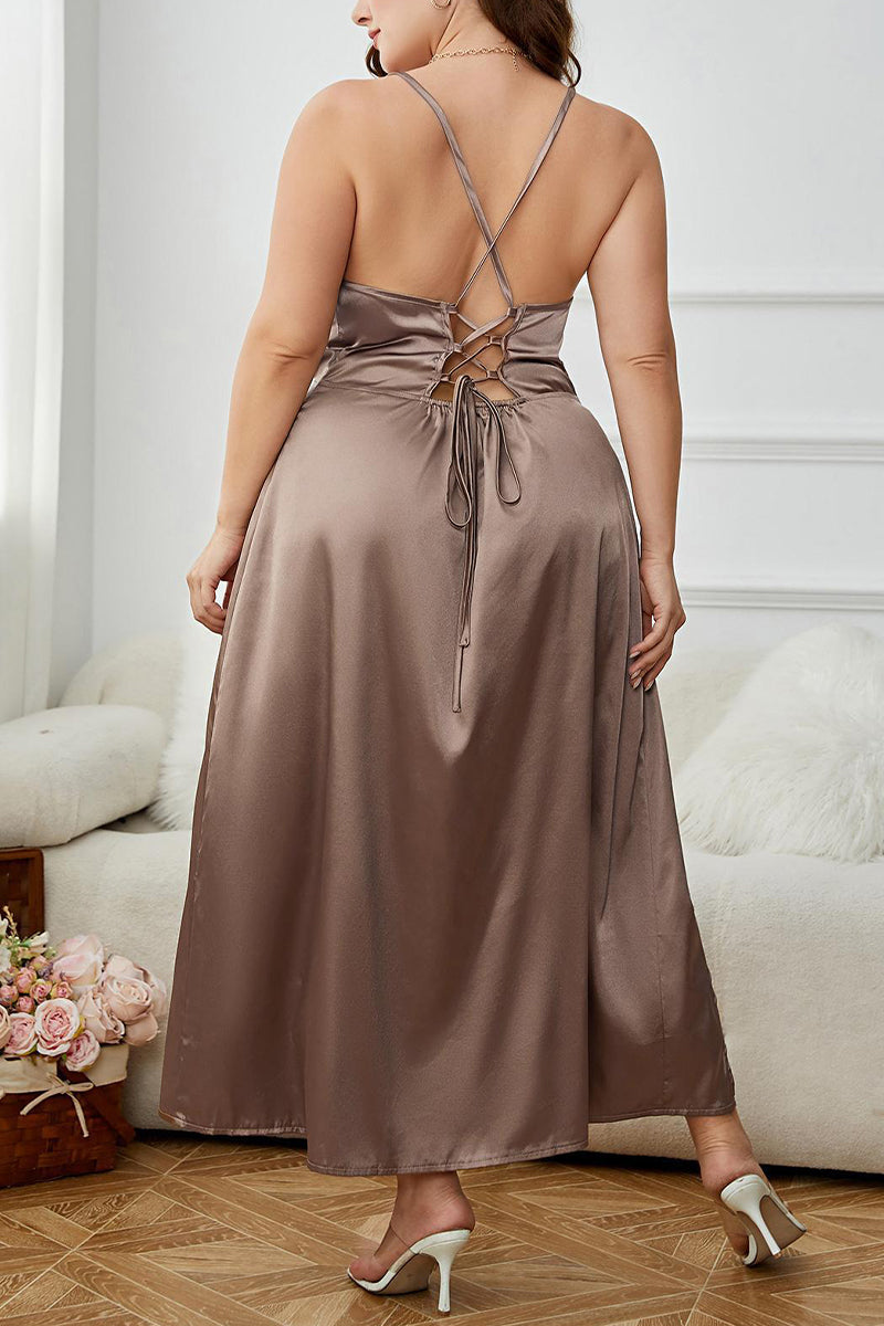 Sexy Solid Backless Slit U Neck Sling Dress Plus Size Dresses