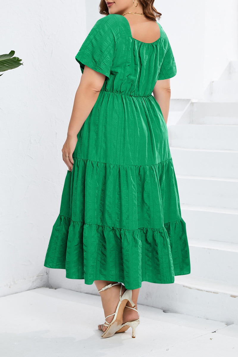 Sweet Elegant Solid Pocket Frenulum V Neck A Line Plus Size Dresses