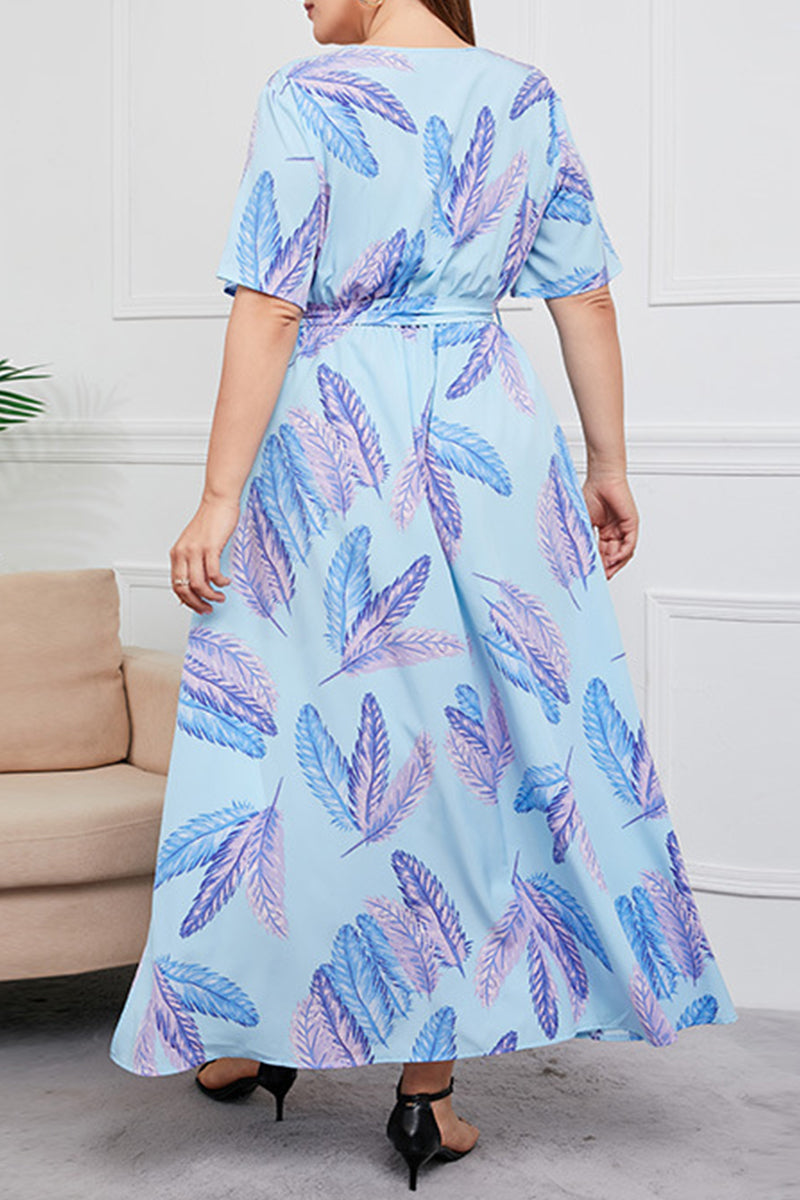 Vintage Elegant Geometric Print Bandage V Neck Printed Dress Plus Size Dresses