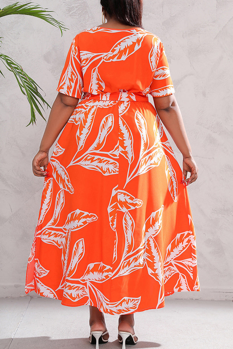 Vintage Elegant Geometric Print Bandage V Neck Printed Dress Plus Size Dresses