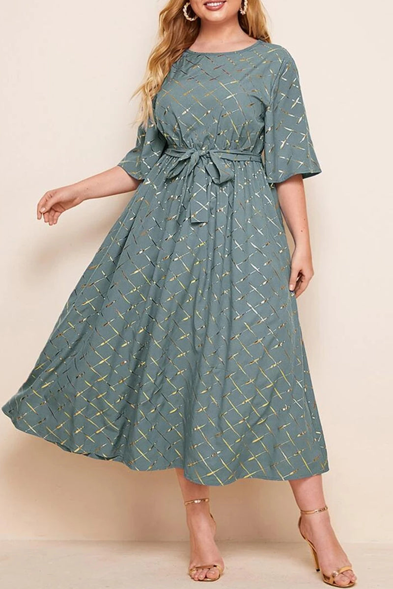 Elegant Print Bandage O Neck A Line Plus Size Dresses