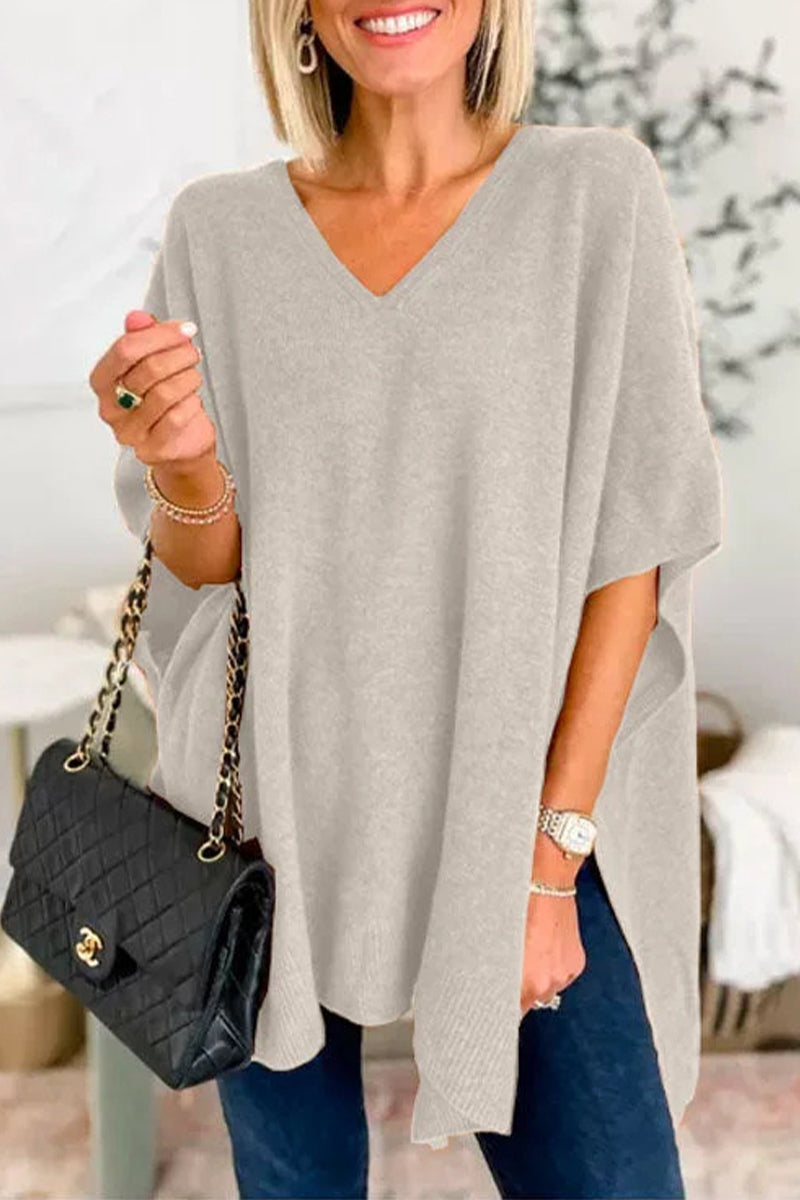 Casual Simplicity Solid Slit V Neck Sweaters(10 Colors)