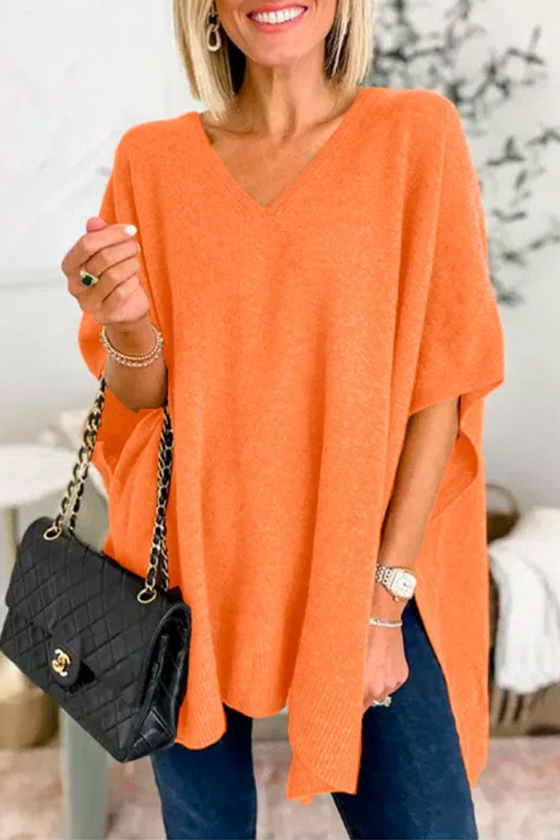 Casual Simplicity Solid Slit V Neck Sweaters(10 Colors)