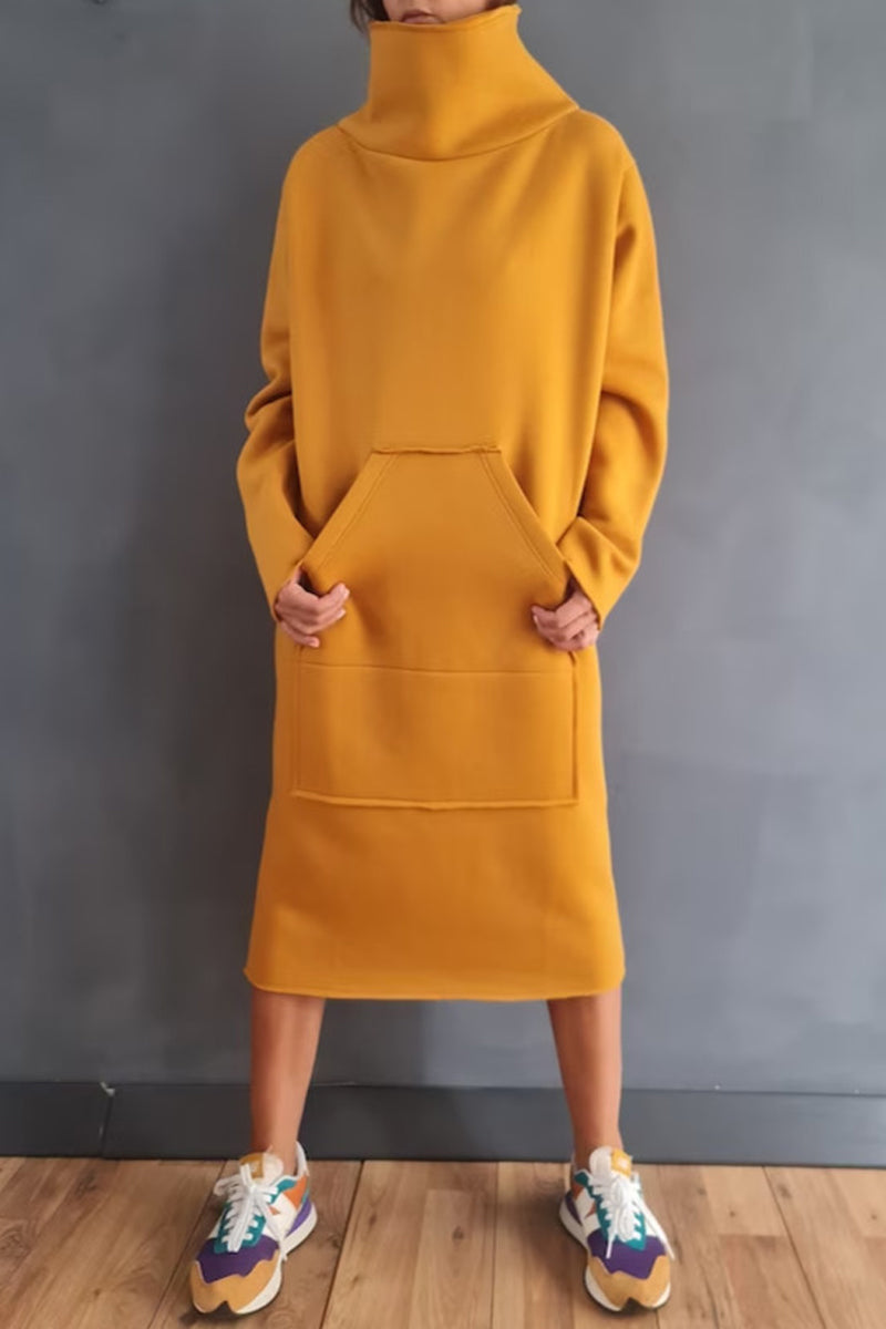 Casual Solid Pocket Turtleneck Long Sleeve Dresses