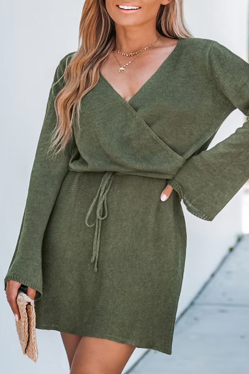 Casual Simplicity Solid Frenulum V Neck Long Sleeve Dresses