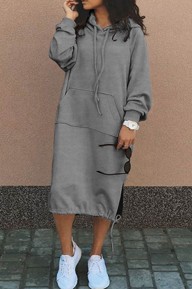 Casual Solid Patchwork Hooded Collar Long Sleeve Dresses