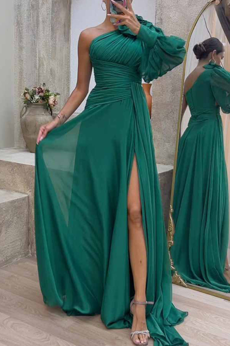 Elegant Solid Fold Oblique Collar Evening Dress Dresses