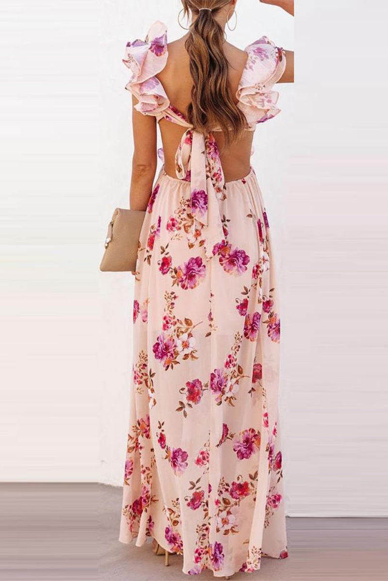 Sexy Floral Backless Flounce V Neck Printed Dress Dresses