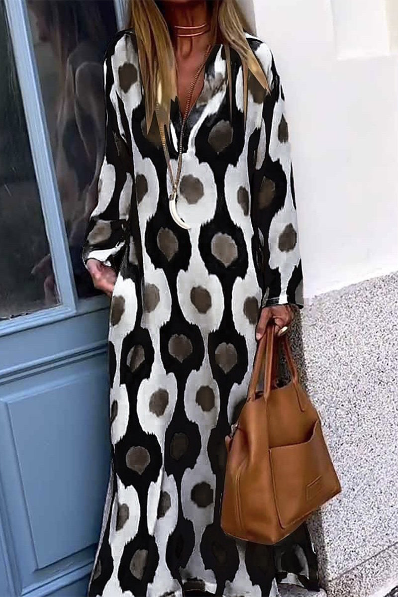 Casual Vintage Geometric Printing V Neck Printed Dress Dresses(4 Colors)