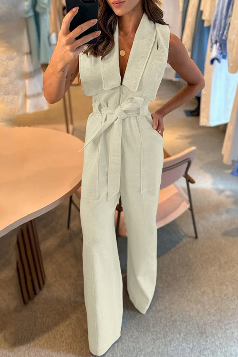 Casual Solid Bandage Pocket Turndown Collar Loose Jumpsuits