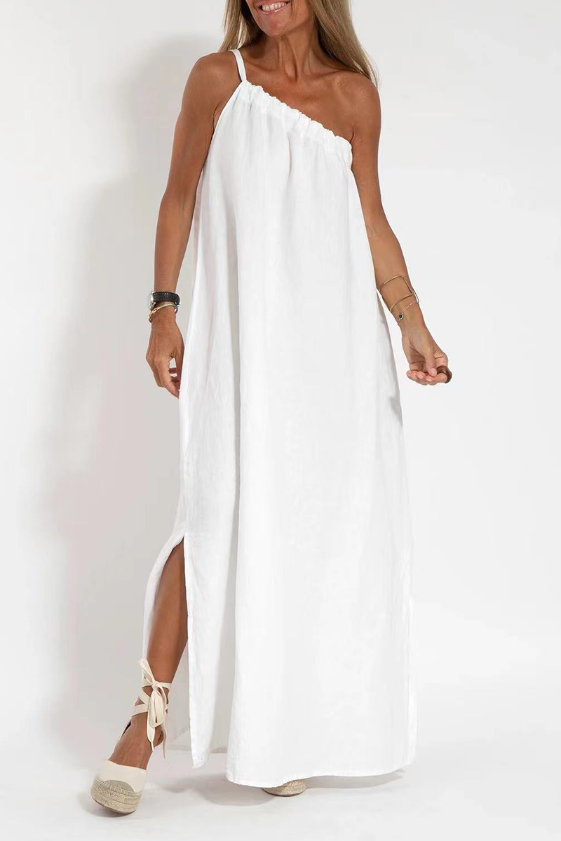 Casual Simplicity Solid Slit Asymmetrical Oblique Collar Sleeveless Dress Dresses