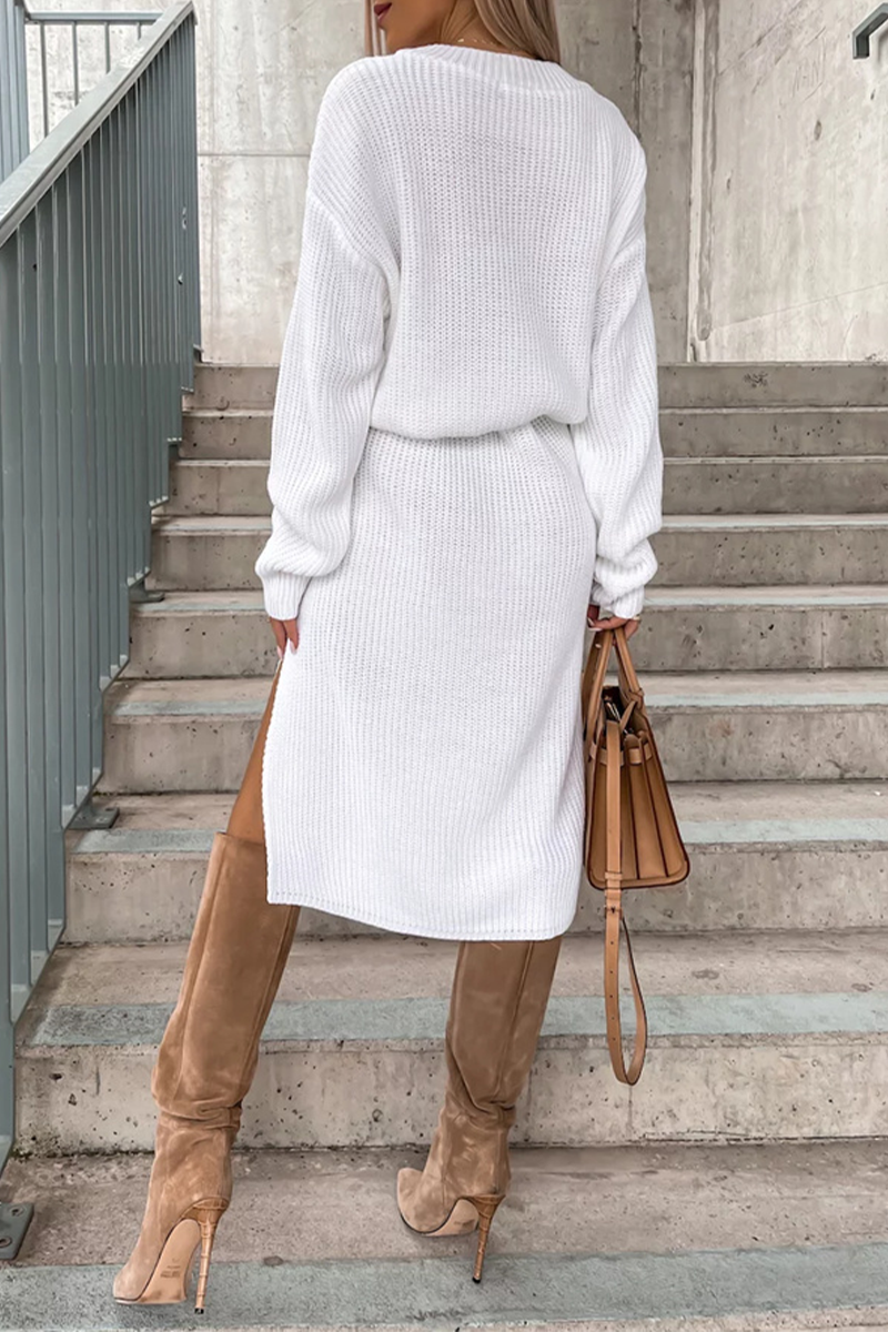 Elegant Simplicity Solid Slit O Neck Long Sleeve Dresses