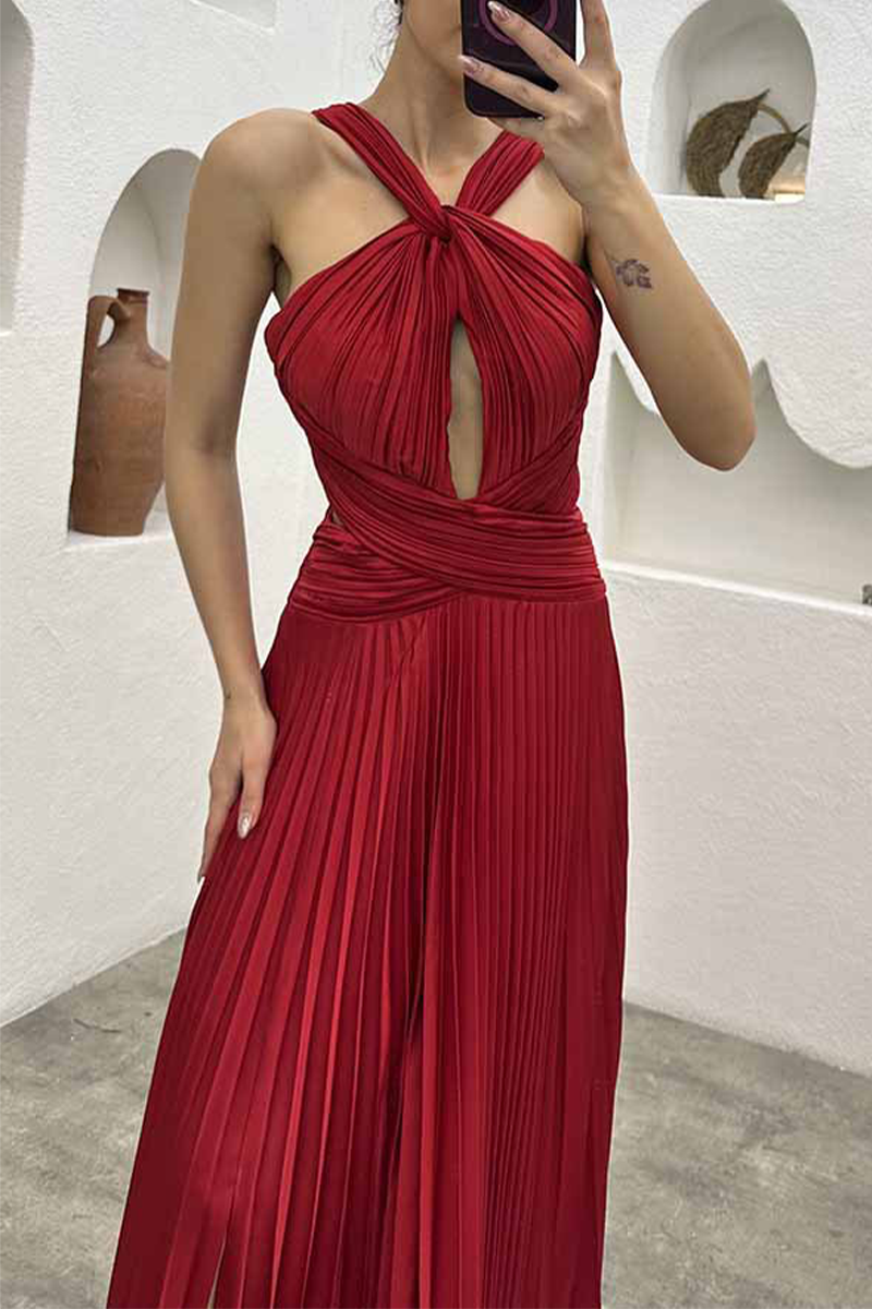 Elegant Solid Fold Halter Evening Dress Dresses