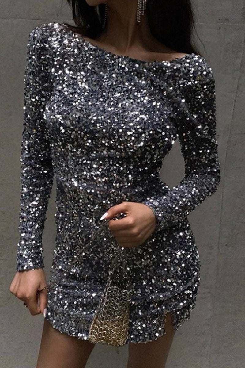 Sexy Solid Backless Sequined O Neck Wrapped Skirt Dresses