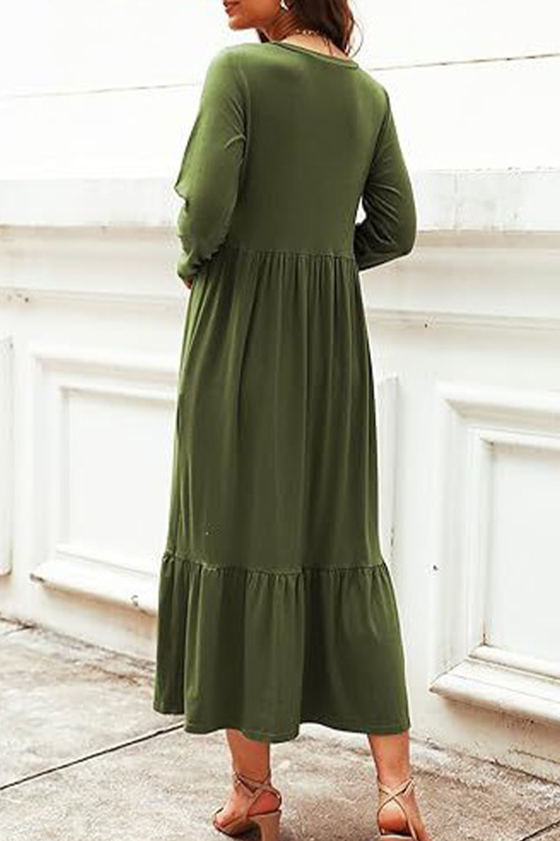 Casual Solid Patchwork Pocket O Neck A Line Dresses