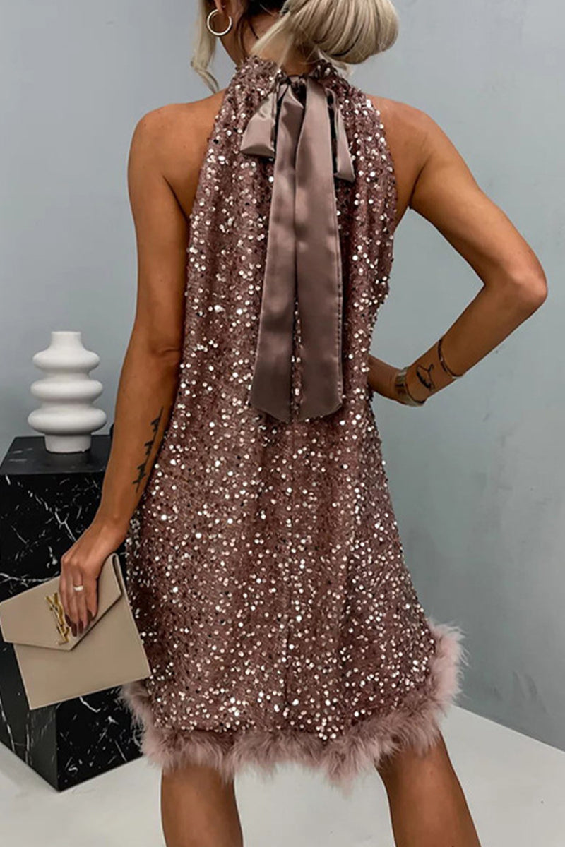 Sexy Solid Sequins Frenulum Half A Turtleneck Sleeveless Dress Dresses