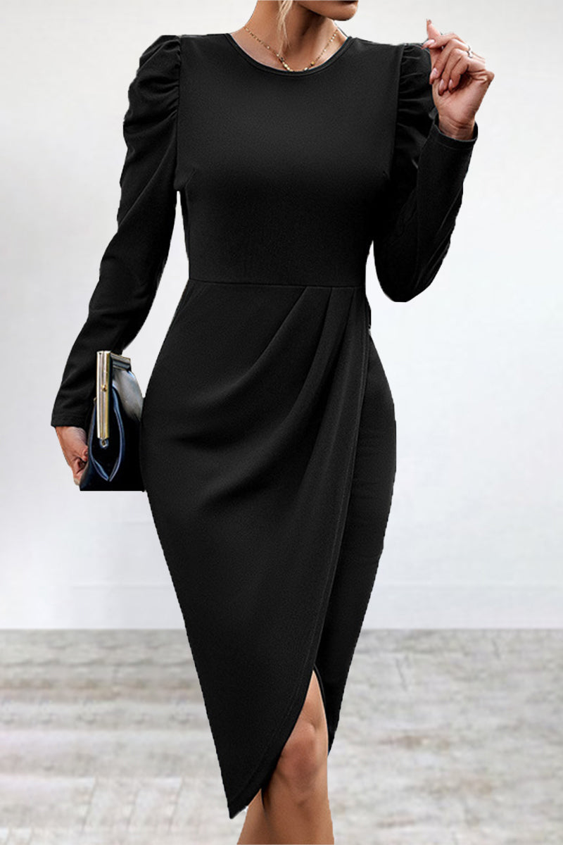 Elegant Solid Slit Asymmetrical O Neck Irregular Dress Dresses