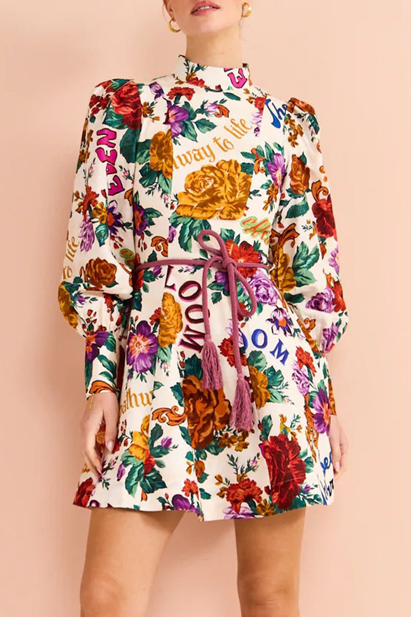 Elegant Floral Bandage Half A Turtleneck Printed Dress Dresses