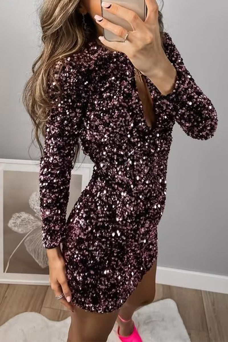 Sexy Vintage Solid Sequins Frenulum Backless O Neck Dresses