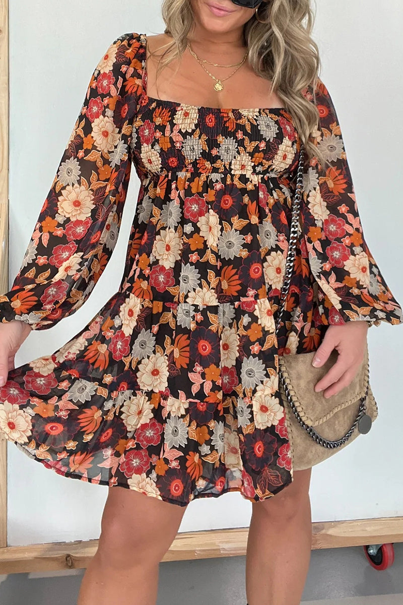 Vintage Elegant Floral Square Collar Printed Dress Dresses